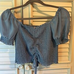 Love Tree Blue Smocked Cropped Puff Sleeve Blouse Size L